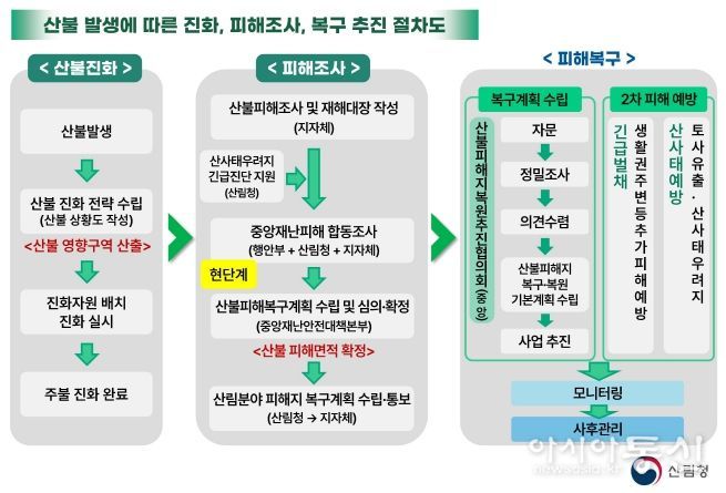 산불피해 발생에 따른 진화, 피해조사, 복구 추진 절차도