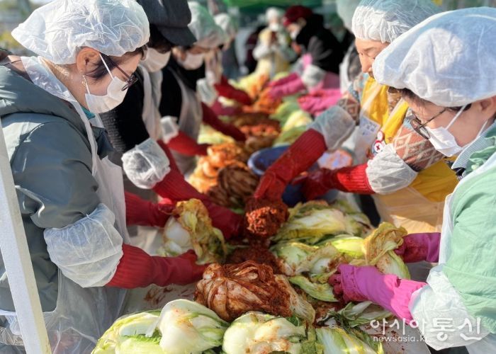 고양시여성단체협의회 회원과 자원 봉사자들이 김장하고 있다.