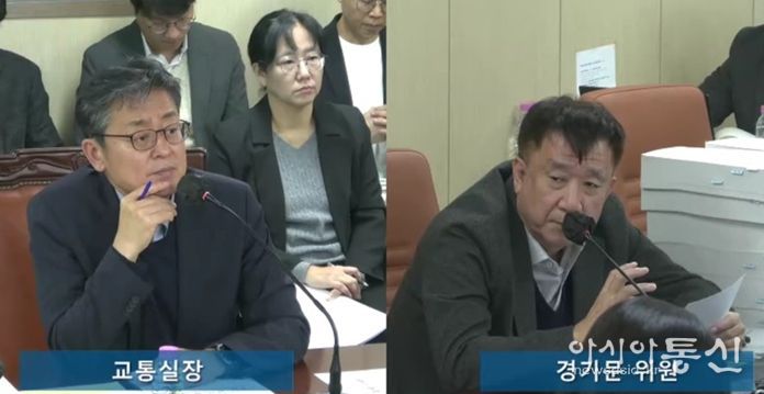 경기문 의원(국민의힘·강서6)이 지난 4일 교통위원회 회의실에서 열린 행정사무감사에서 여장권 교통실장에게 질의하고 있다.