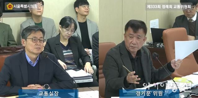 경기문 의원(국민의힘·강서6)이 지난 5일 교통위원회 회의실에서 열린 행정사무감사에서 여장권 교통실장에게 질의하고 있다.