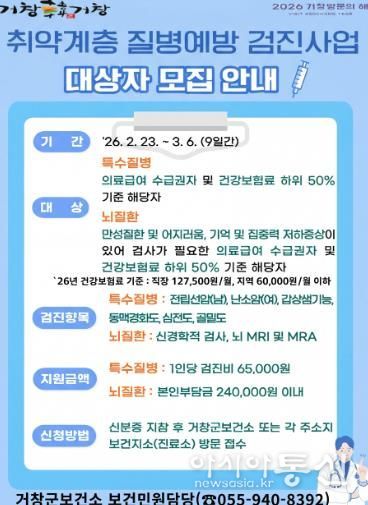 거창군, 2026년 취약계층 질병예방 검진사업 대상자 모집
